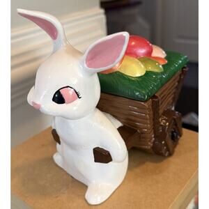 Vintage Chalkware Bunny Rabbit Wheelbarrow Planter Easter Spring Decor